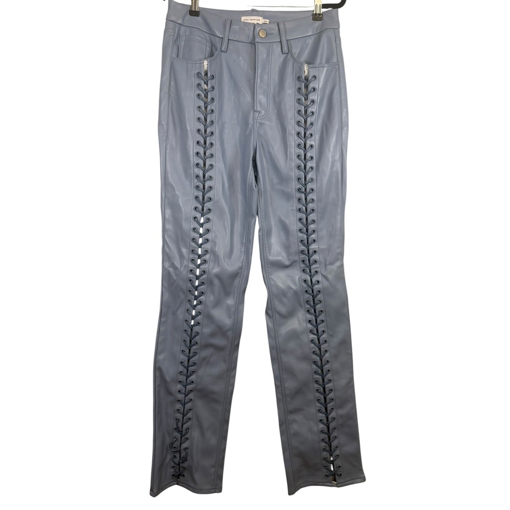 Good American Good Legs Lace Up Faux Leather Pants Blue Grey Size 8/29